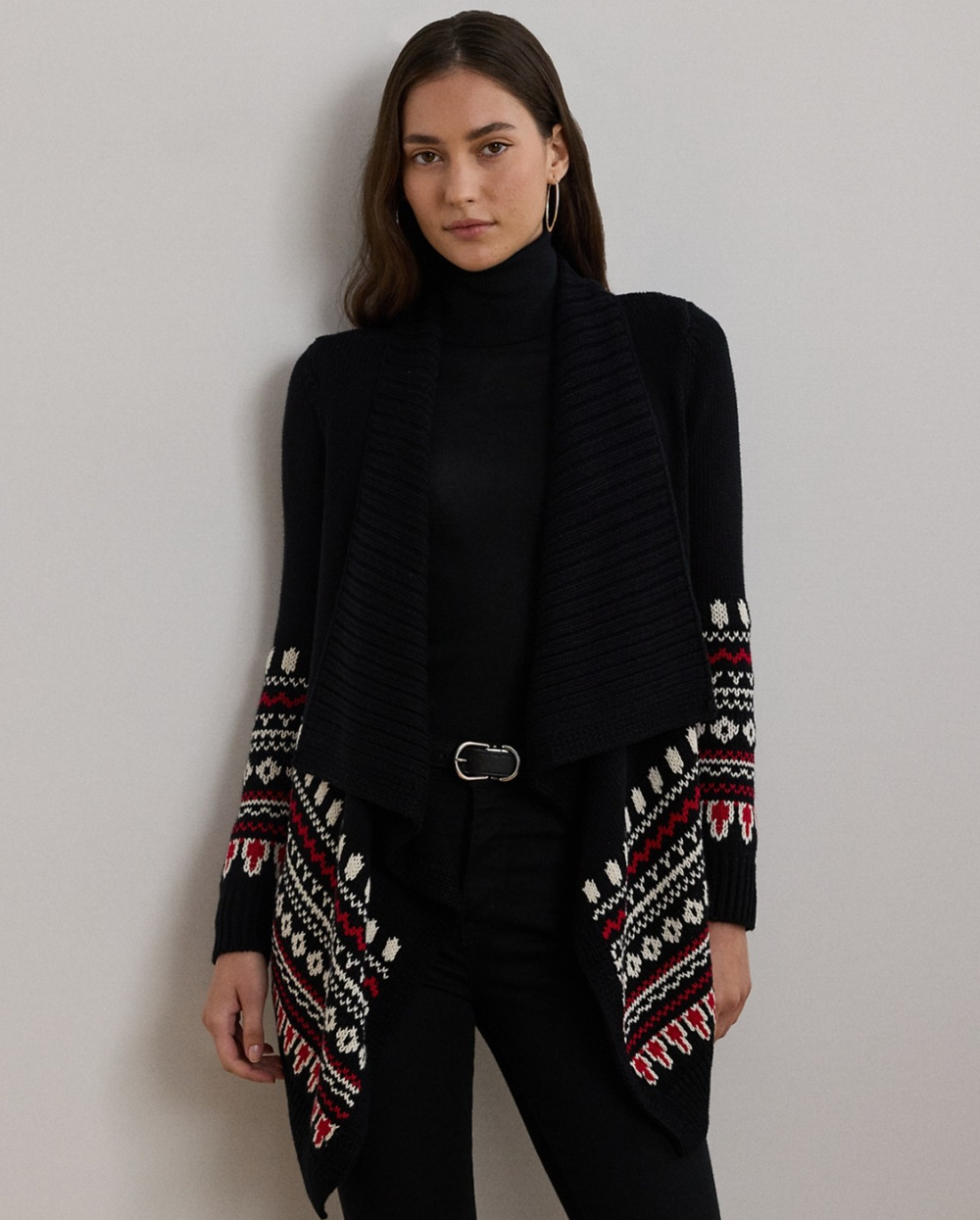 Lauren Ralph Lauren Women Fair Isle Cotton Cardigan Black Petite Size PM